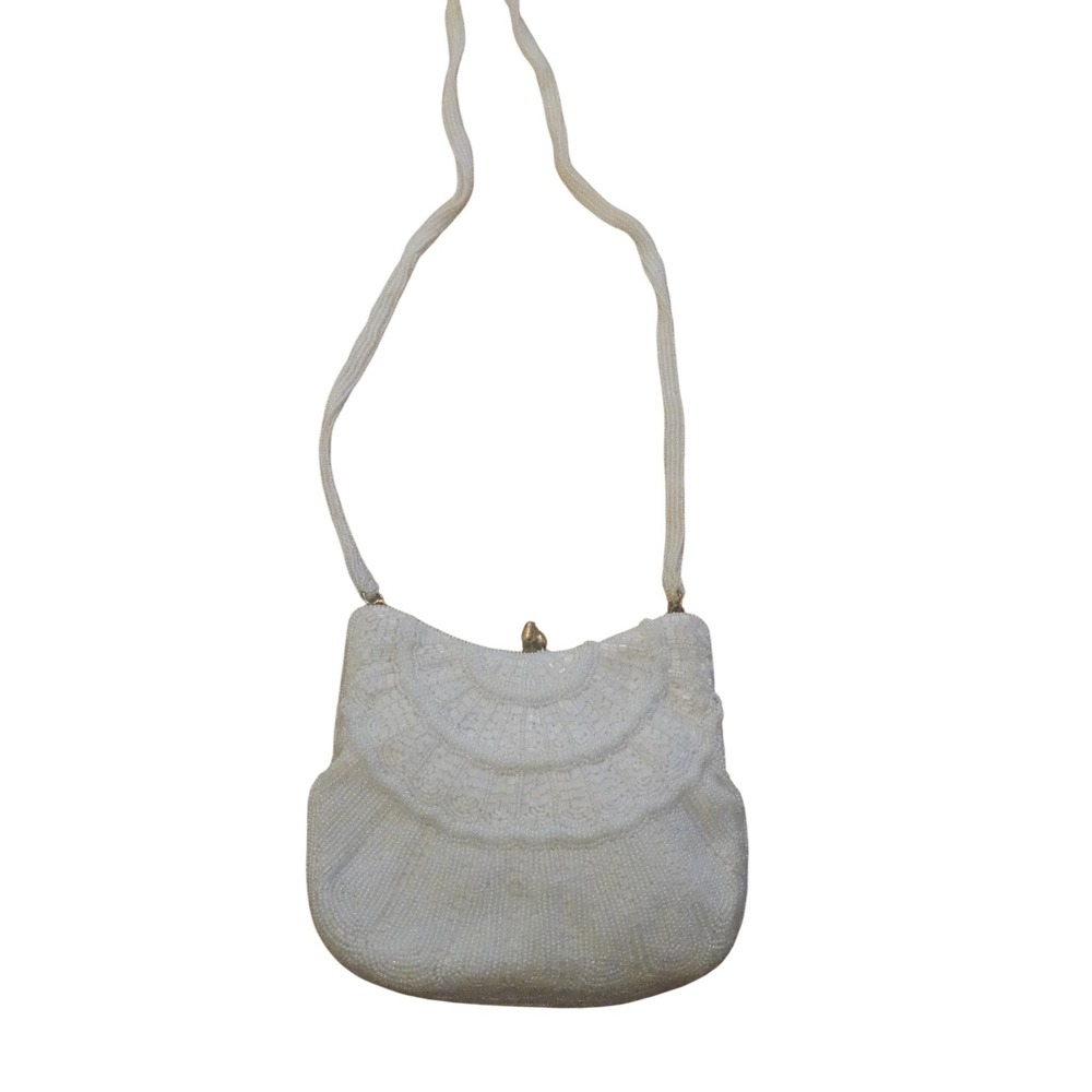 Vintage White Beaded Evening Bag Scalloped Seed Bead Bridal Shoulder‎ Purse